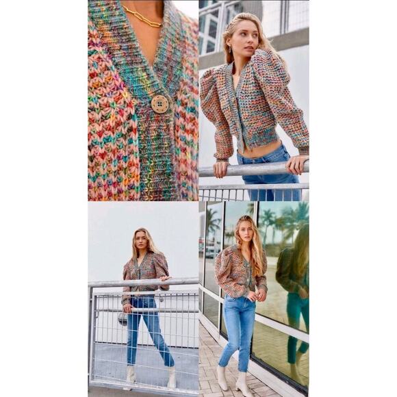 Ulla Johnson Fiora Wool Puff Sleeve Rainbow Cardigan Sweater Sz M / L - Picture 8 of 16